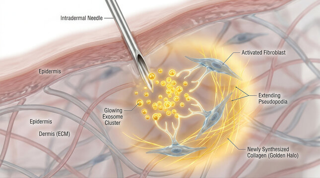 Intradermal Needle Injection and Cell Activation, featuring exosome serum, fibroblast, collagen, epidermis, skin layers, pseudopodia, biotechnology, dermatology