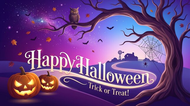 Happy halloween background with glowing jackolanterns, owl on a tree, spider web, and spooky night landscape