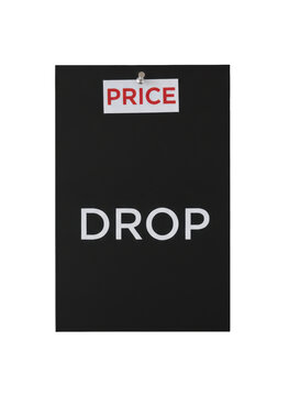 A black rectangular price tag with the word drop written in white, featuring a small white paper label pinned at the with red text price isolated on a transparent background