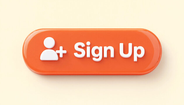 Sign up button with user icon and plus symbol on orange background for registration concept