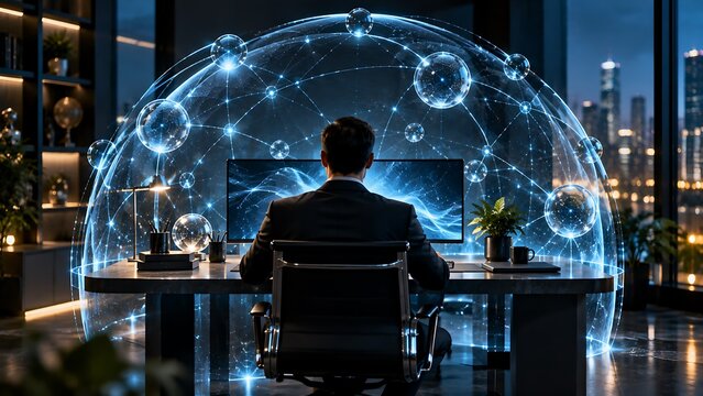 Businessman sitting at desk working with digital global network connection dome interface inside a modern office building with view of the city at night time