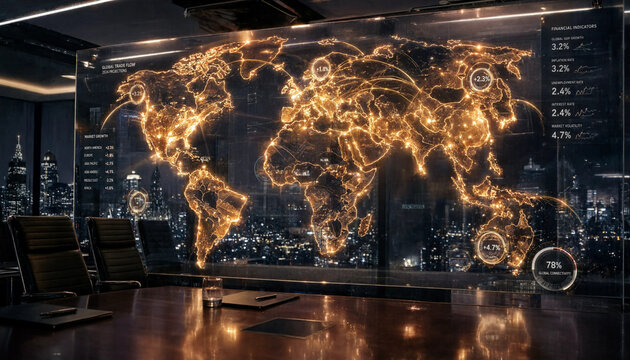 Global trade flow concept with glowing world map and financial indicators in modern office at night