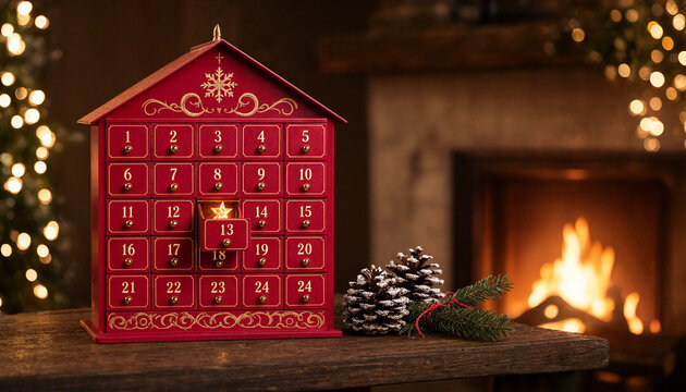 Red advent calendar with open door number thirteen beside pinecones and fireplace in cozy holiday setting