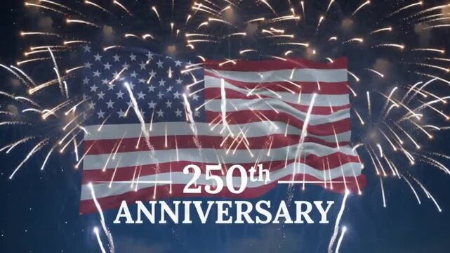 American flag waving against a backdrop of festive fireworks