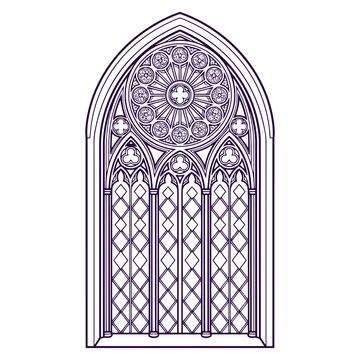 Purple outline vector illustration of a Gothic arched stained glass window with a circular rose window detail for church and religious architecture designs