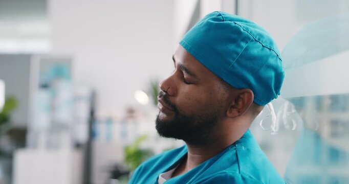 Disappointed, nurse and black man with stress on glass window for medical failure or bad procedure. Upset, male person or healthcare surgeon with disbelief for surgical mistake or grief in hospital