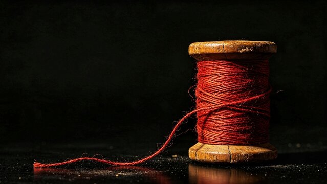 Vintage Wooden Spool with Rich Red Thread &mdash; Aged Wood Bobbin with Unraveled Deep Red String, Dark Background with Copy Space