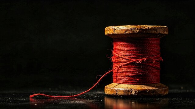 Weathered Cracked Wooden Spool with Frayed Deep Red Thread &mdash; Aged Rustic Bobbin, Loose Unraveled String on Dark Background with Copy Space
