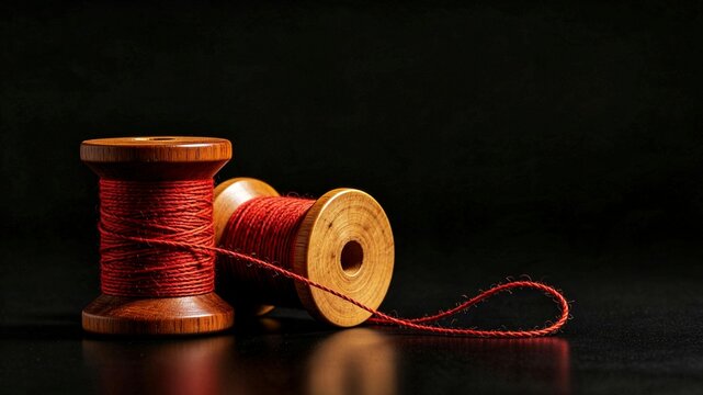 Two Wooden Spools with Deep Red Thread &mdash; Dark and Light Wood Bobbins Connected by Loose Crimson String, Dark Background with Copy Space