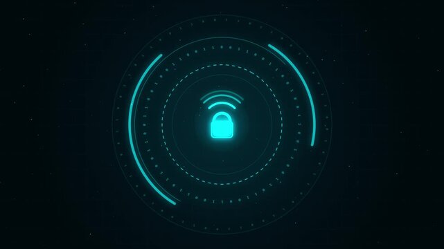 Digital security lock icon with binary data flow animation on dark background motion.