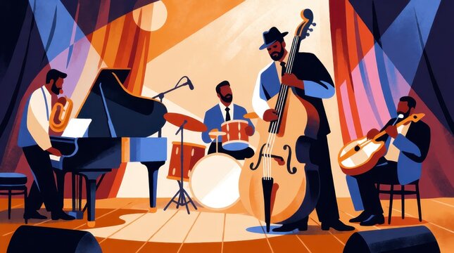 Jazz band performing live music on stage with piano double bass drums and guitar in a concert venue