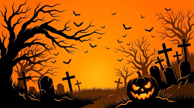 Halloween background with a glowing jackolantern, silhouettes of tombstones, crosses, and bats