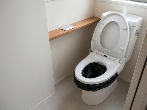 断水や災害に備えて洋式便器に携帯トイレ用の袋を設置した室内