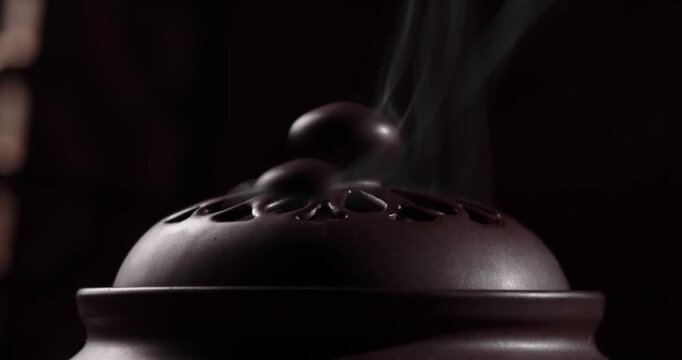 Close-Up Incense Burner Detail Video - Macro Zen Premium Craftsmanship Smoke Footage Immersive Detail Effect for Premium Agarwood Incense Brand Zen Tea Close-Up Visual Luxury Product Advertising Medit