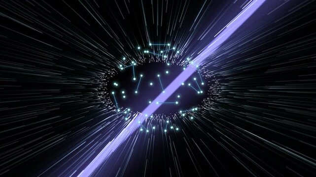 Abstract purple light streaks radiating from a central point of glowing dots against black background with emanating central cluster cluster connected data video glowing technology connection
