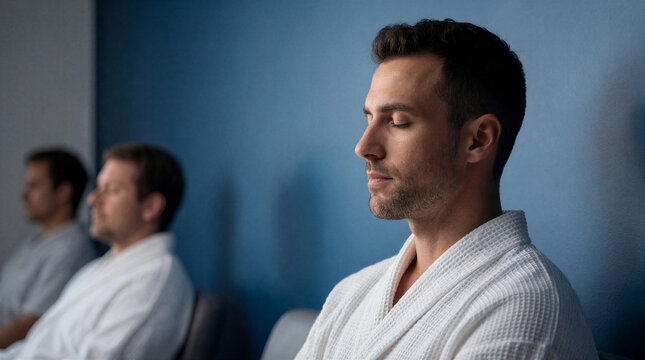 Float tank center waiting room, 35 year old mixed race man wearing robe with eyes closed