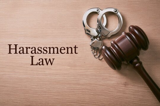 A wooden gavel and handcuffs lie next to the words "Harassment Law" on a wooden surface, symbolizing legal action against harassment.