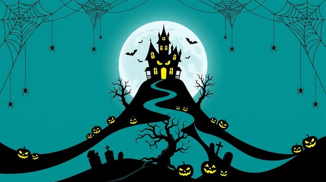 Halloween background with haunted house on a hill, full moon, spider webs, and carved pumpkins in a teal color scheme