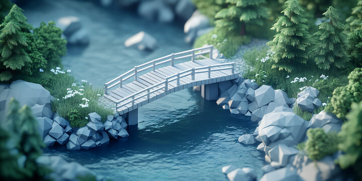 Wooden bridge arches gracefully over a cool blue stream winding through a dense and rocky forest.