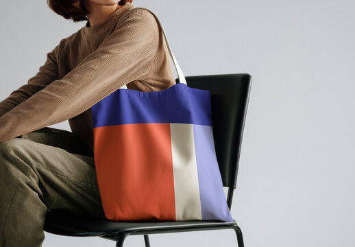 Female Mockup PSD Of A Seated Woman With Colorful Tote Bag