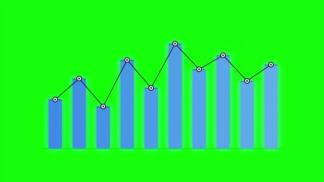 Solid Blue Data Bar Chart and Line Graph Animation on Green Screen