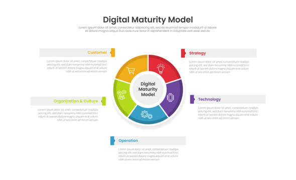 digital maturity model infographic template with five pillar donut wheel radial layout, flat style