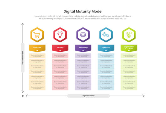 digital maturity model infographic template with five pillar hexagon badge checklist layout, flat style