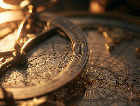 Astrolabe instrument antique brass metal navigation astronomy ancient close up ornate compass celestial map dial ring engraved mechanical science heritage vintage golden light shadow blurred