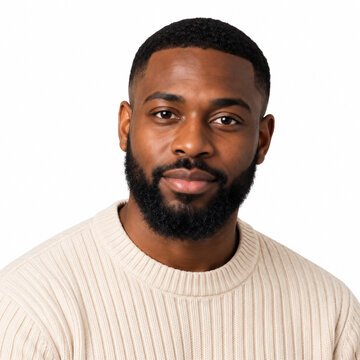 Portrait of a young dark-skinned man isolated in a white background with copy space, A charming handsome young man professional profile picture. studio lighting, friendly and confident expression.