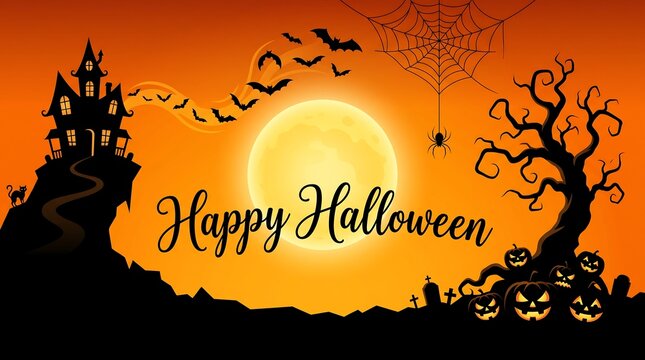 Happy halloween background with haunted house, full moon, spider web, bats, and carved pumpkins on an orange gradient