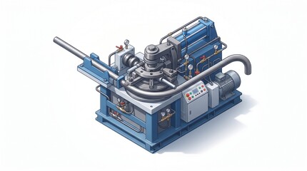 Obraz premium Isometric hydraulic pipe bending machine blue steel base, bending metal tube 90 degrees, central die, pressure gauges valves, motor pump unit, control panel, white background