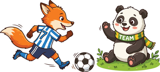 Obraz premium Team Mascot Illustration, Cartoon Fox and Panda, Sports Emblem Design