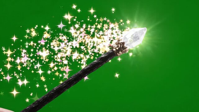 Magical Wand Casting Sparkling Fairy Dust Trail on Green Screen Background for Fantasy Visual Effects