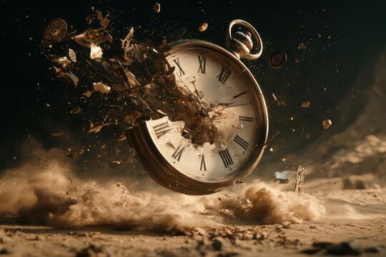 Antique pocket watch shattering into dust and sand on a desert ground