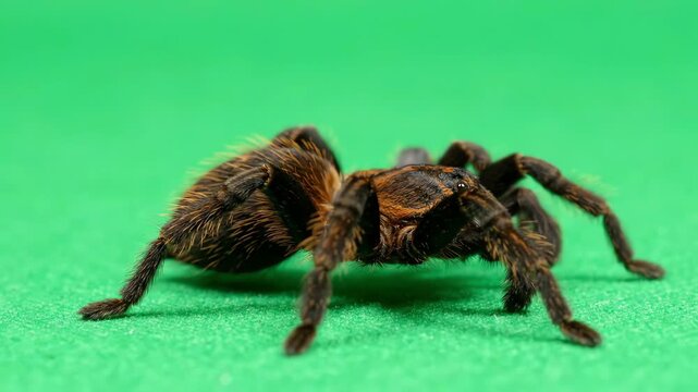 Close up view of a large hairy tarantula spider moving slowly across a solid bright green chroma key background for creative production