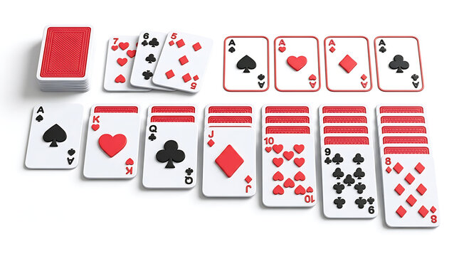 A collection of playing cards laid out on a white surface, showcasing a game of solitaire.