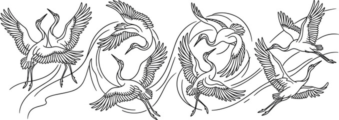 Fototapeta premium Traditional Japanese cranes flocking motion line art design with elegant asian birds flying over oriental water waves vector outline banner pattern