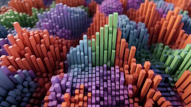 Abstract 3D landscape with shifting colorful geometric shapes during a smooth camera pan
