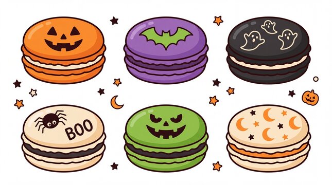 Halloween macarons vector illustration. Featuring orange pumpkin purple bat black ghosts spider with boo text green monster and moon motifs. Cute pastry treats for autumn seasonal design