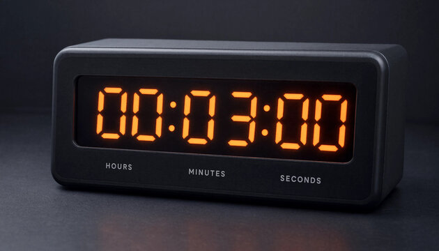 Digital clock displaying three minutes on dark surface time concept