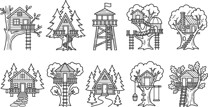 Wooden treehouse and forest cabin line art set with cozy woodland dwellings watchtower pine trees ladder and backyard playground symbols
