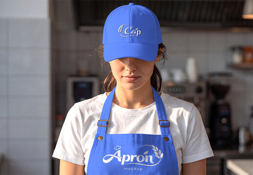 Woman Wearing Apron and Cap Mockup