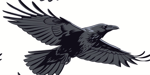 Fototapeta premium Black raven flying with wings spread in flat vector illustration flying bird silhouette animal illustration bird in flight nature wildlife vector art flying creature predator bird
