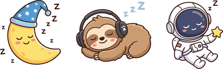 Fototapeta premium Cute Sleeping Sloth Astronaut and Moon Character Set Featuring Cartoon
