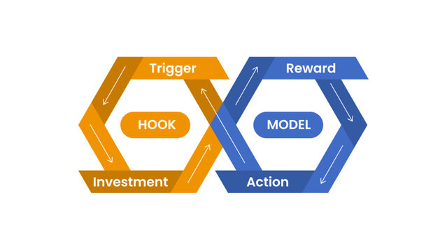 hook model infographic template with four quadrant infinity hexagon interlock diagram, flat style
