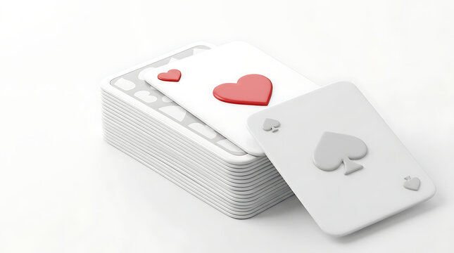 A minimalist stack of white playing cards with red hearts and grey spades on a white background.