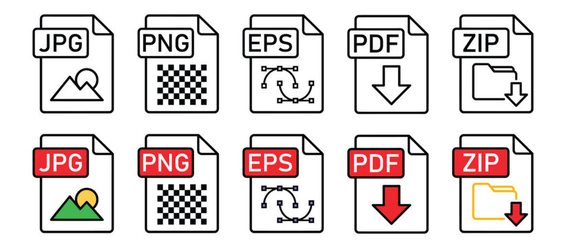 File format line and color icons set vector illustration. Document extension symbols for JPG, PNG, EPS, PDF, and ZIP archived files isolated on white background.