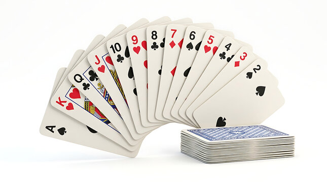A fanned out array of playing cards from Ace to Ten, with a deck of cards to the right on a white background.