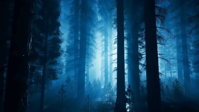 Tall conifer trunks slowly enlarge as viewpoint glides forward through a blue misty forest, with pale light filtering between trees and deep shadow framing the woodland
