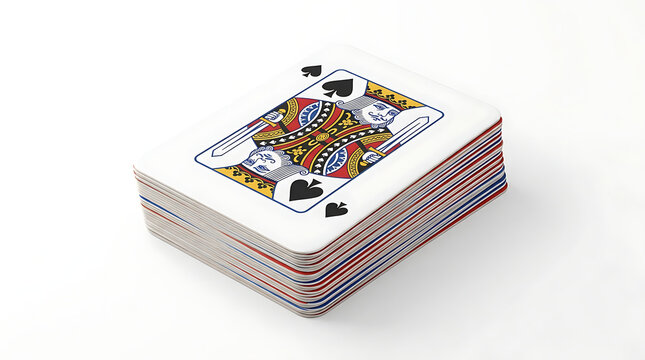 A close-up shot of a deck of playing cards with the King of Spades visible on top, set against a white background.